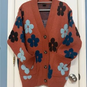 SAACHI Oversized Rust Brown Cardigan with Blue and Black Floral Design, One Size